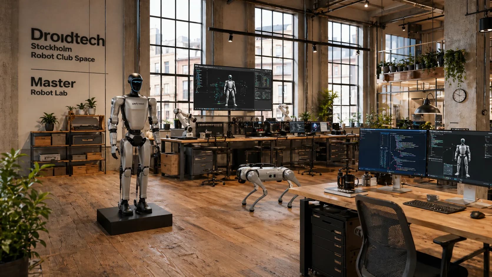 Humanoid robot och quadruped i industrilokal